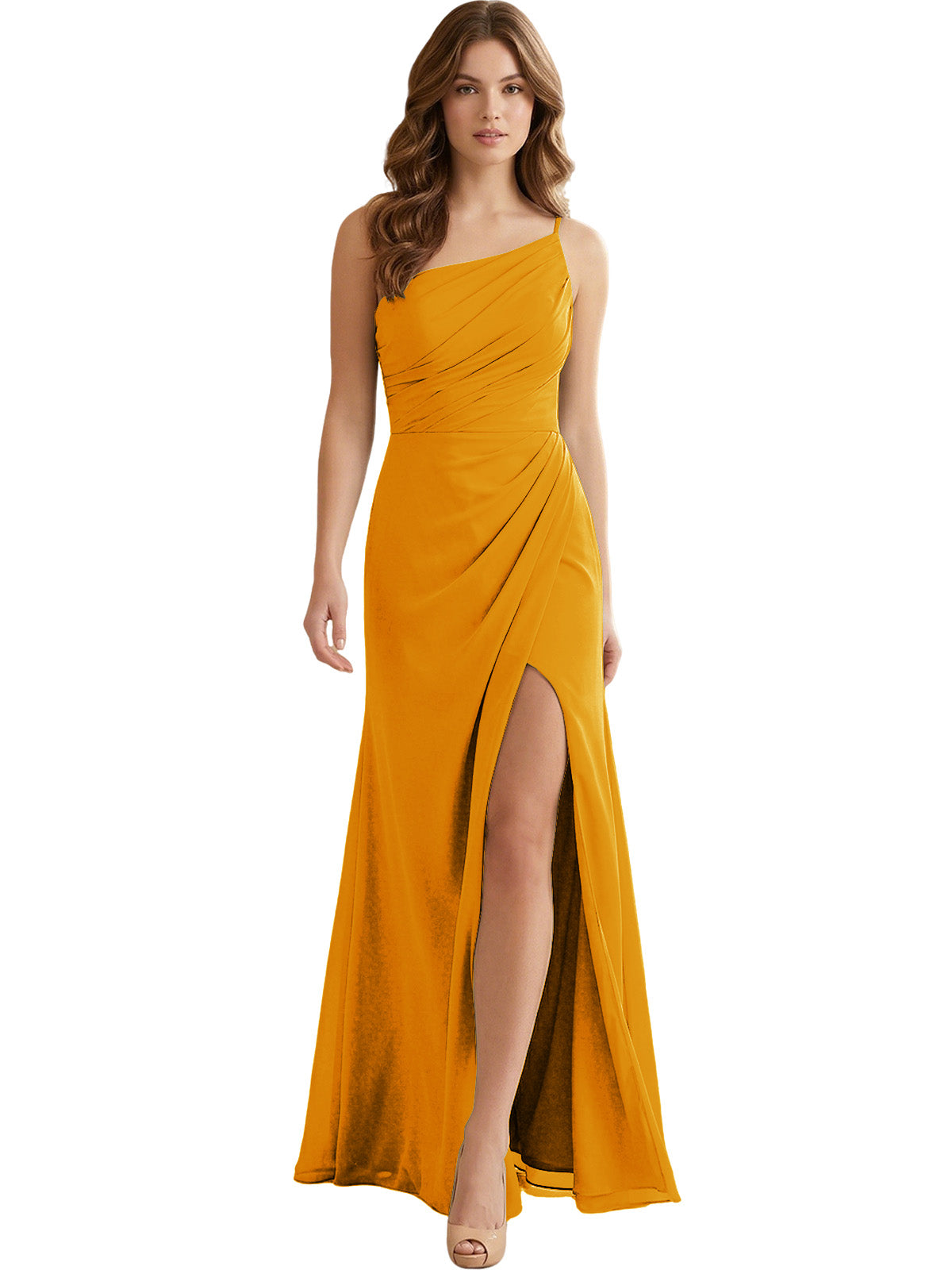 One Shoulder Ruched Chiffon Bridesmaid Dress with Front Slit