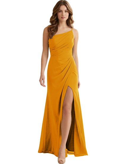 One Shoulder Ruched Chiffon Bridesmaid Dress with Front Slit