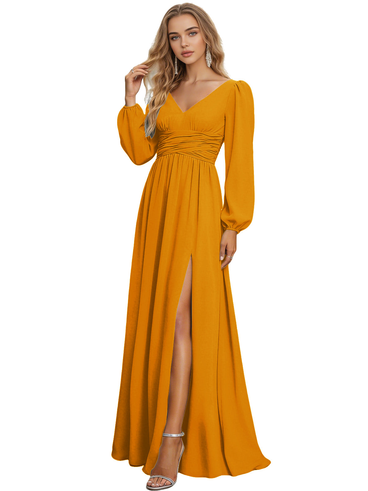 Long Sleeve V-Neck Chiffon Bridesmaid Dress with Front Slit