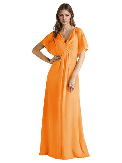 Short Sleeve V-Neck Chiffon Bridesmaid Dress with Gathered Waist