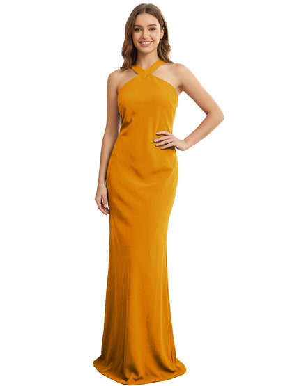 High Neck Halter Bridesmaid Dress with Sleek Column Silhouette