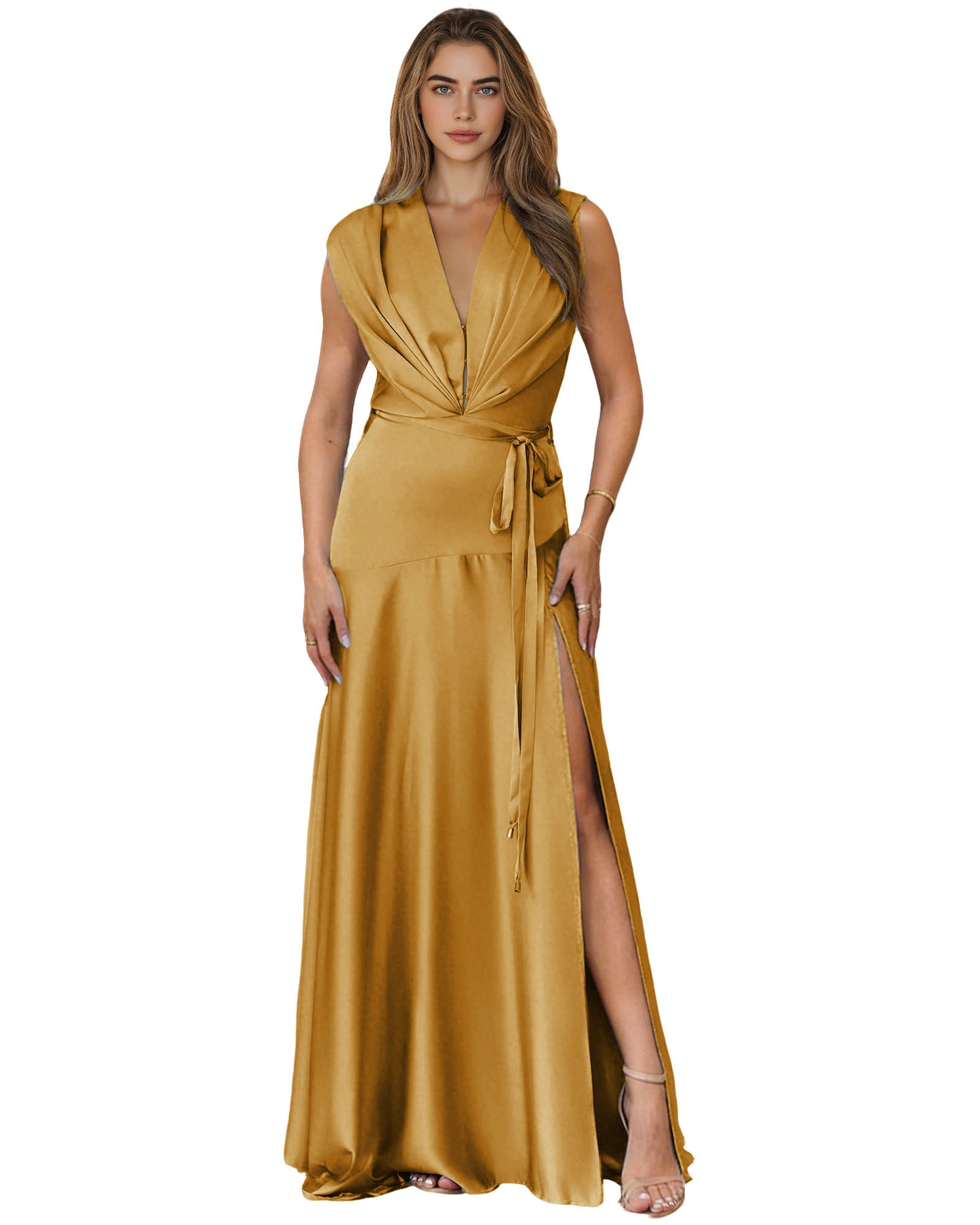 Plunging V-Neck Satin A-Line Prom Dress with Wrap Waist and Slit