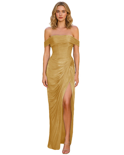 Off Shoulder Ruched Jersey Prom Dress with Wrap Bodice and High Slit