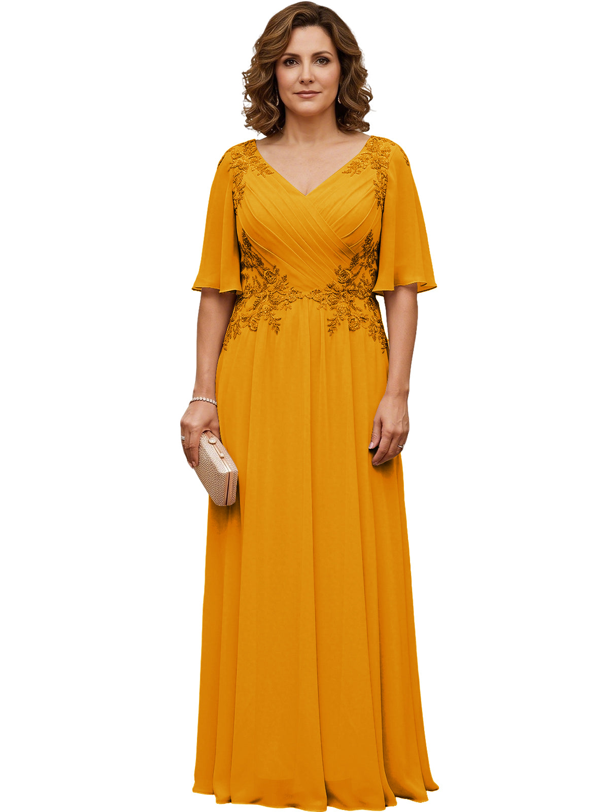 Mother of the Bride Dress Long Chiffon A-Line Gown with Flutter Sleeves and Beaded Lace