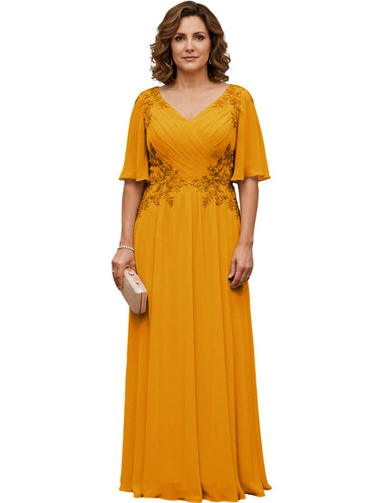 Mother of the Bride Dress Long Chiffon A-Line Gown with Flutter Sleeves and Beaded Lace