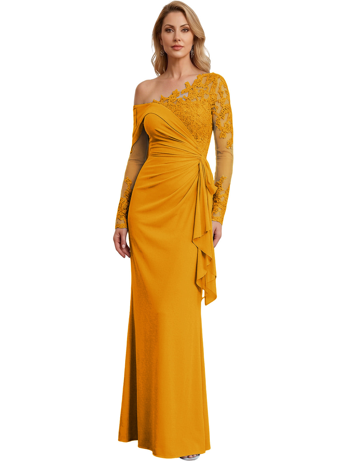 One Shoulder Mother of the Bride Gown Long Lace Sleeve Mermaid Dress with Draped Ruffle