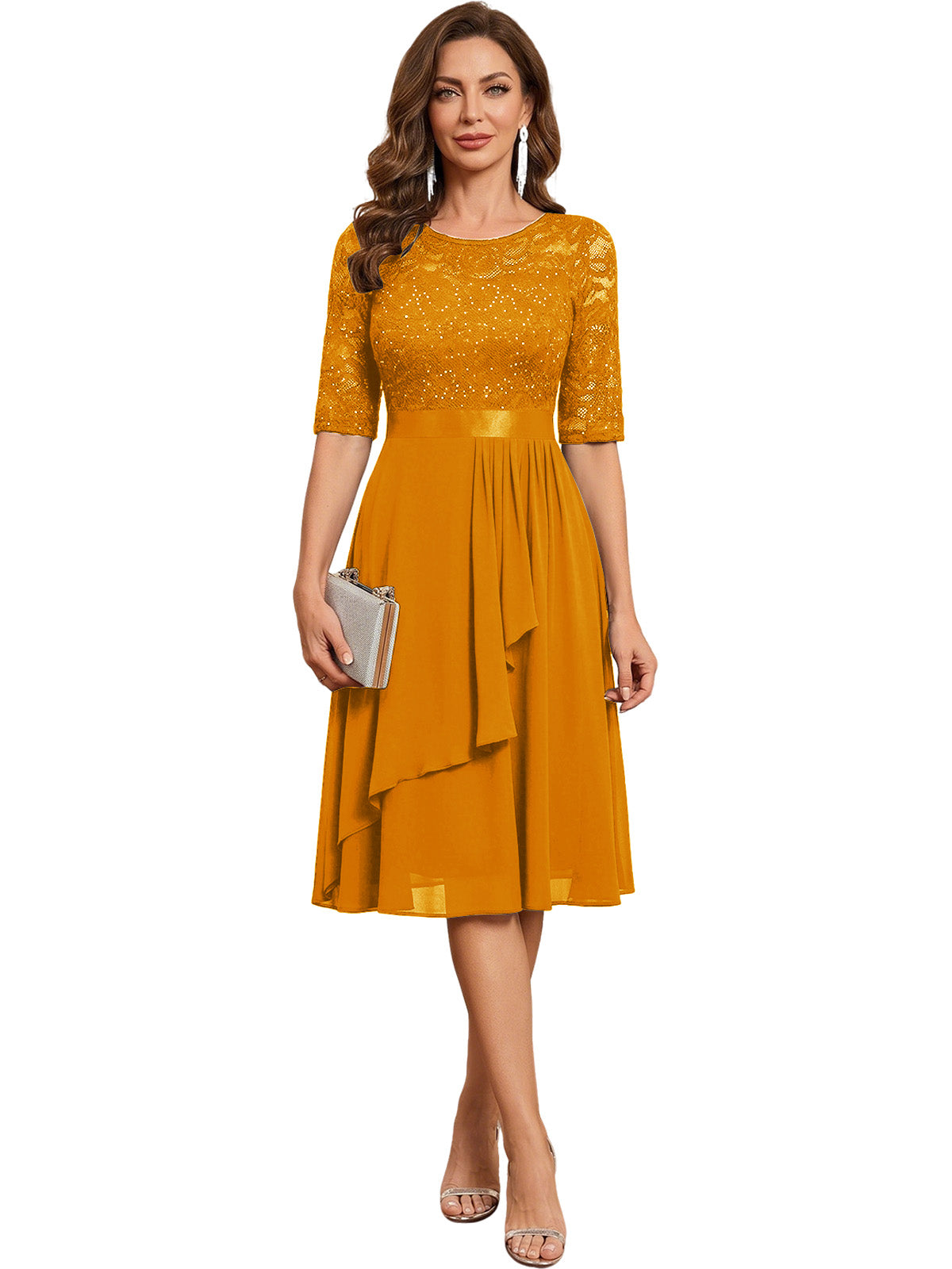 Knee Length Mother of the Bride Dress Sequined Lace Bodice Chiffon Skirt Formal Guest Outfit
