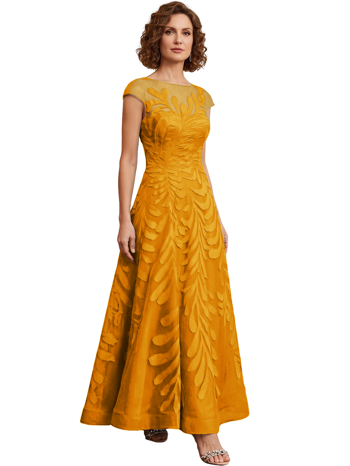 Embroidered Tulle Mother of the Bride Dress Long A-Line Gown with Illusion Cap Sleeves