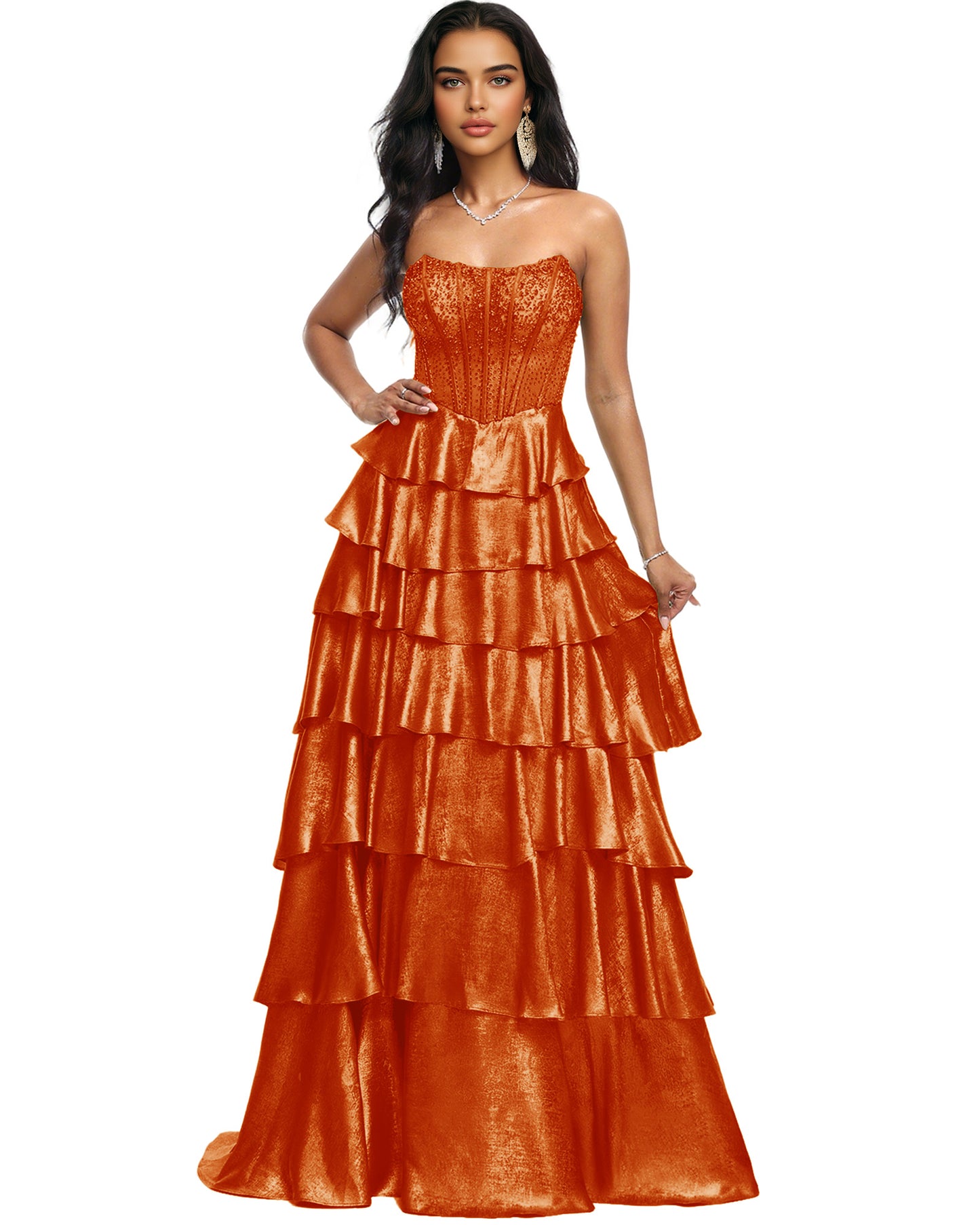 Strapless Tiered Sequin A-Line Prom Dress with Ruffle Layers