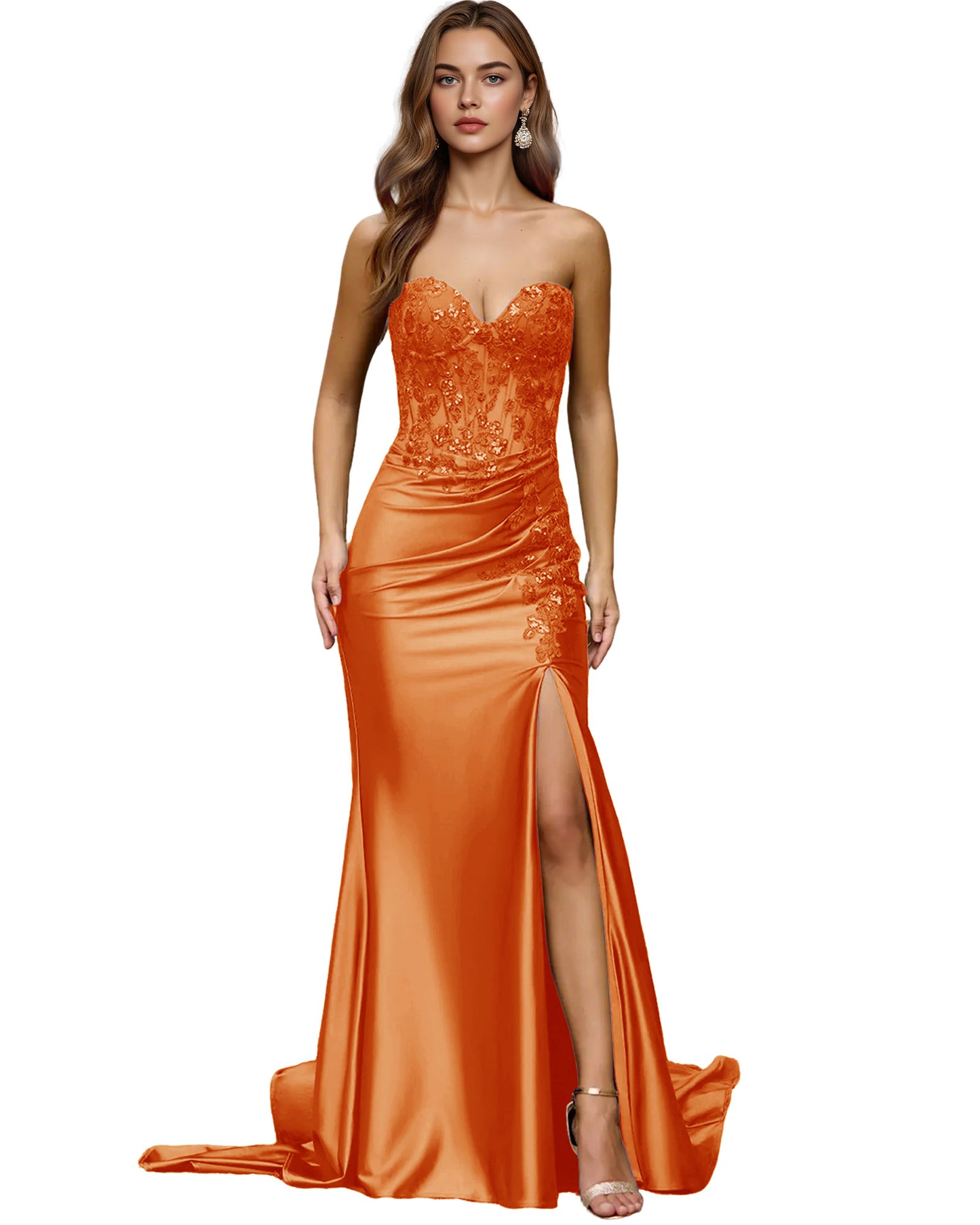 Strapless Emerald Satin Mermaid Prom Dress with Beaded Bodice and Slit