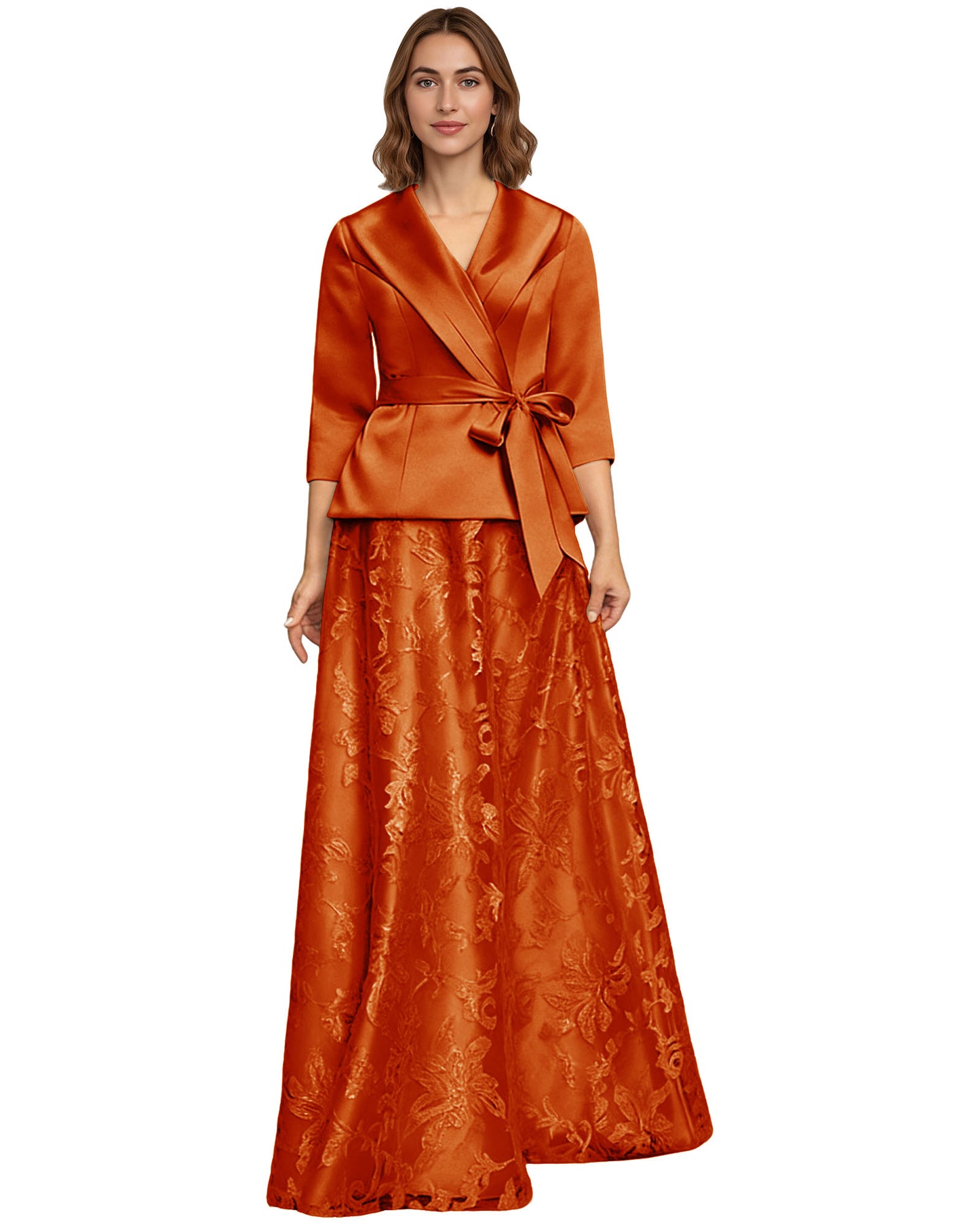 Two Piece Mother of the Bride Dress Satin Wrap Top Embroidered Long Skirt Formal Set