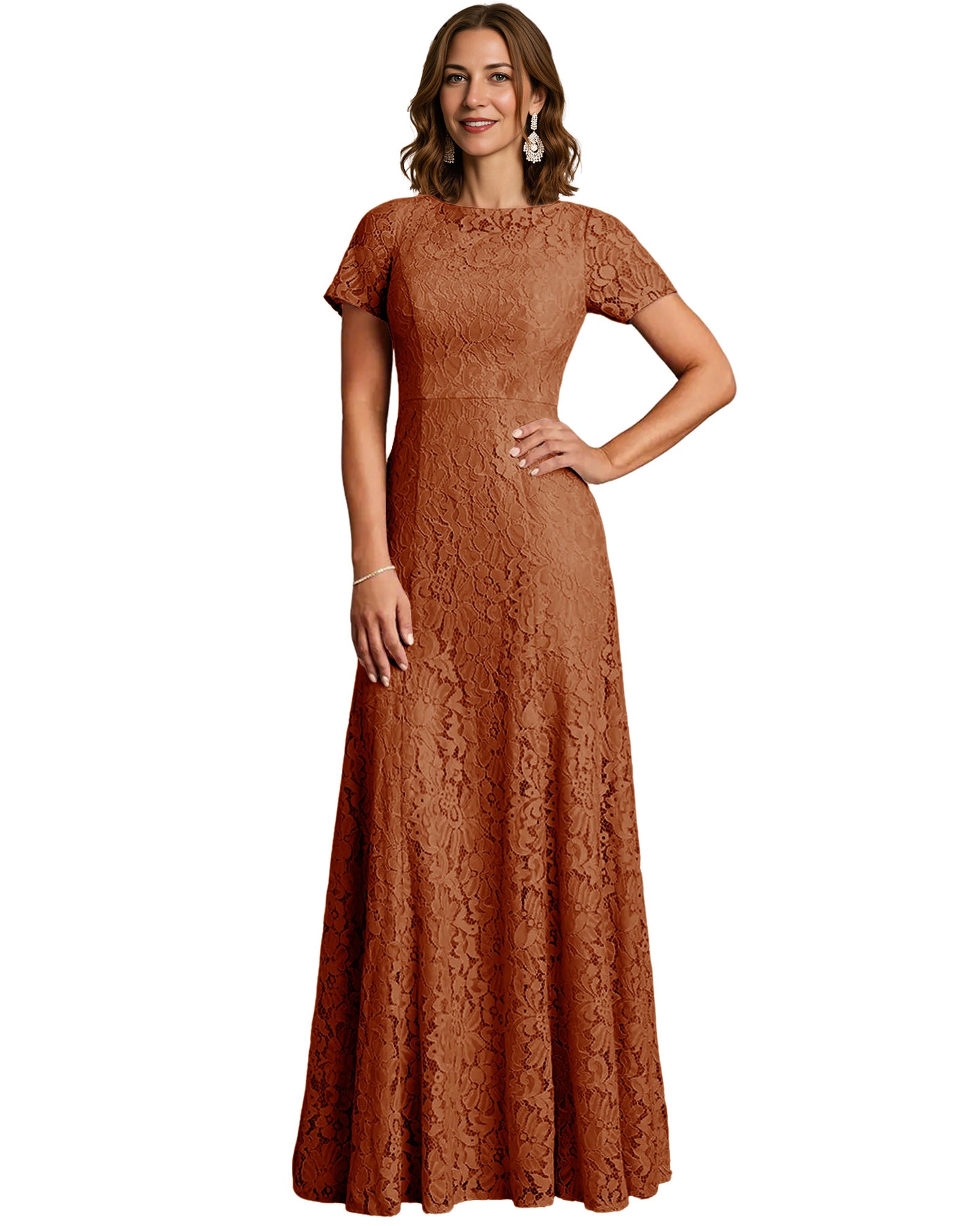 Long Lace Mother of the Bride Dress Short Sleeve Mermaid Gown with Crew Neckline
