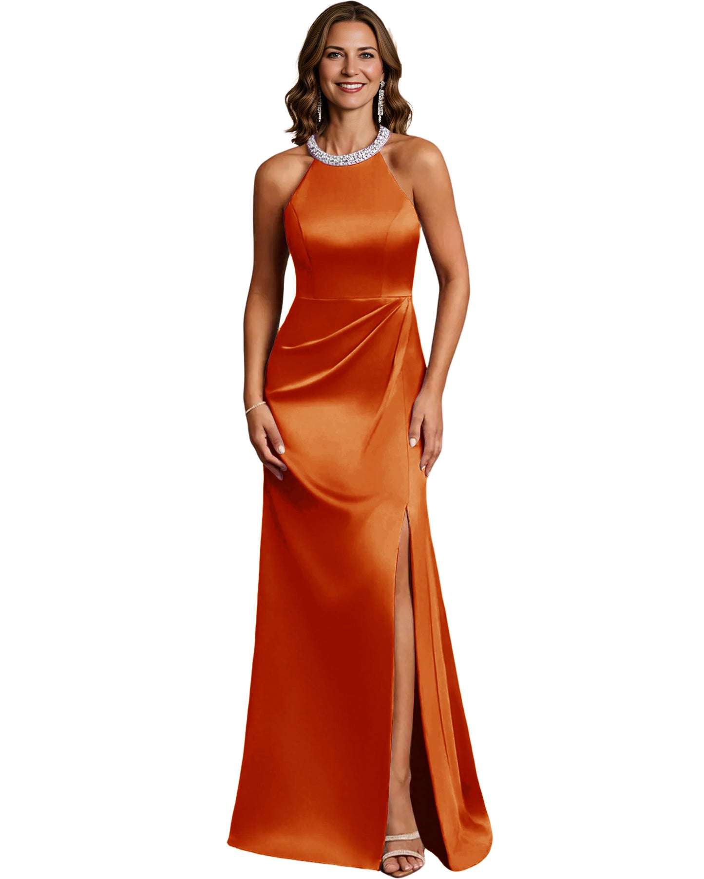 Halter Neck Mother of the Bride Dress Satin Mermaid Gown with Beaded Collar and Slit