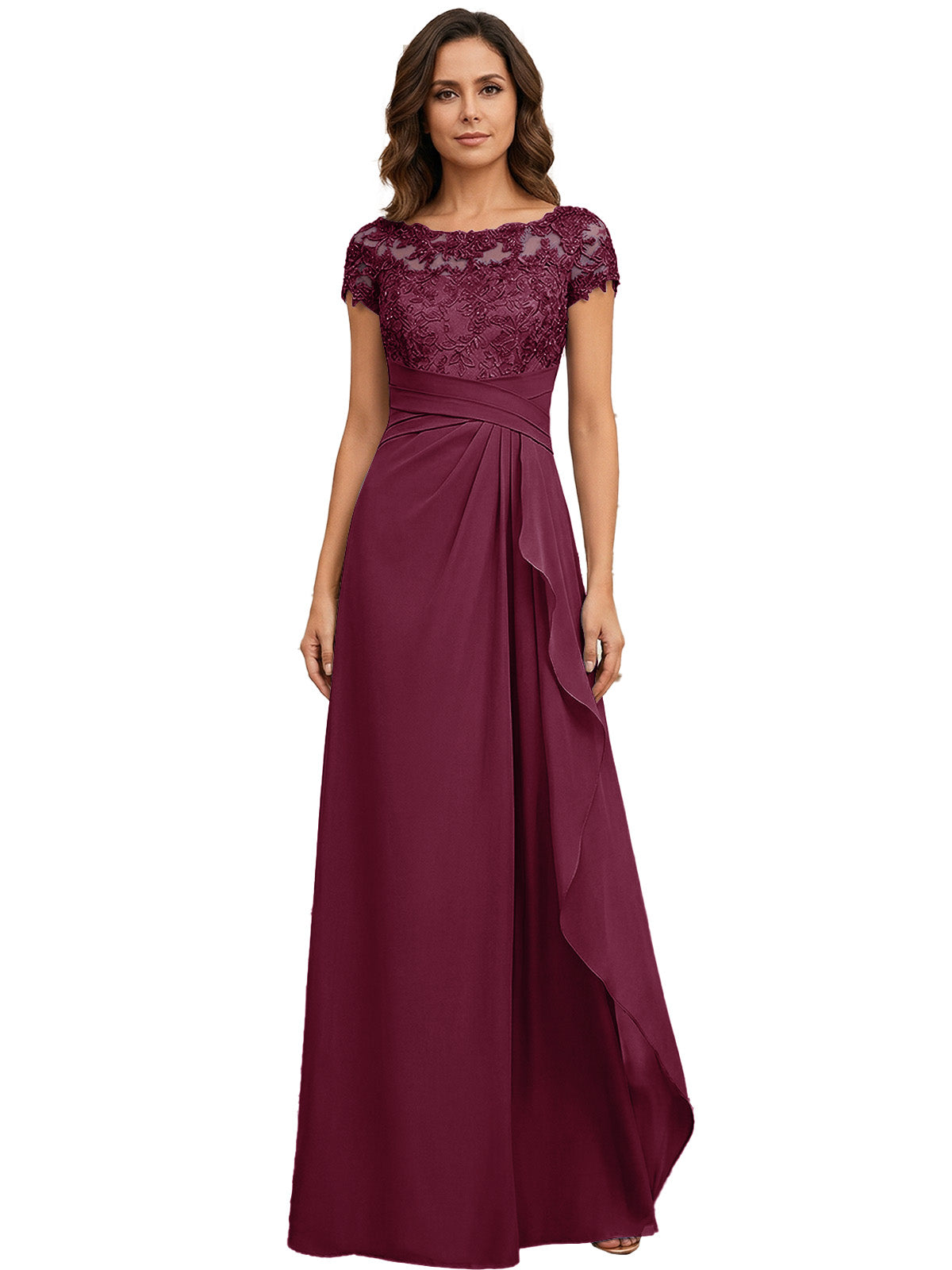 Lace Applique Chiffon A-Line Moms Dress with Cap Sleeves