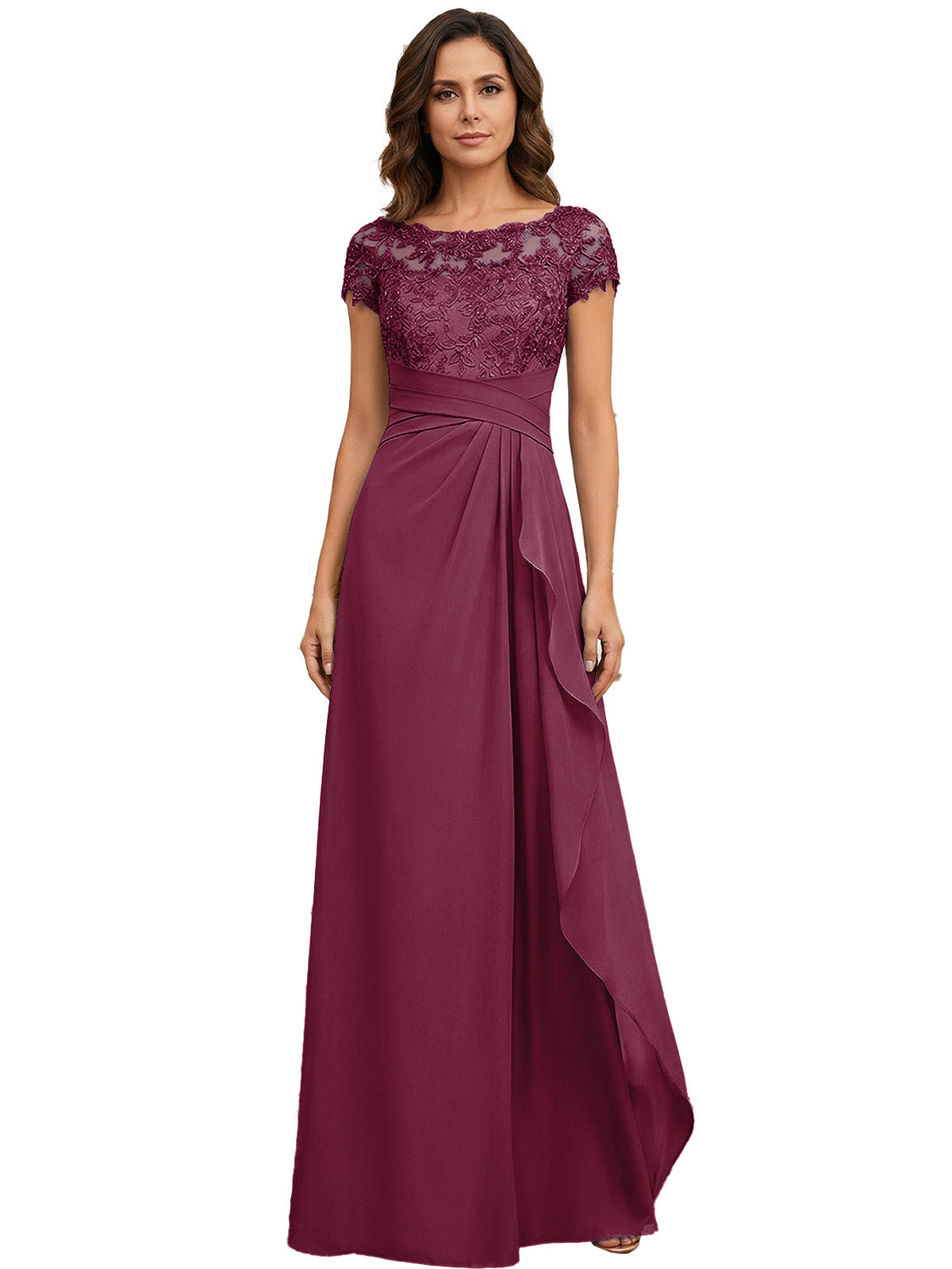 Lace Applique Chiffon A-Line Moms Dress with Cap Sleeves