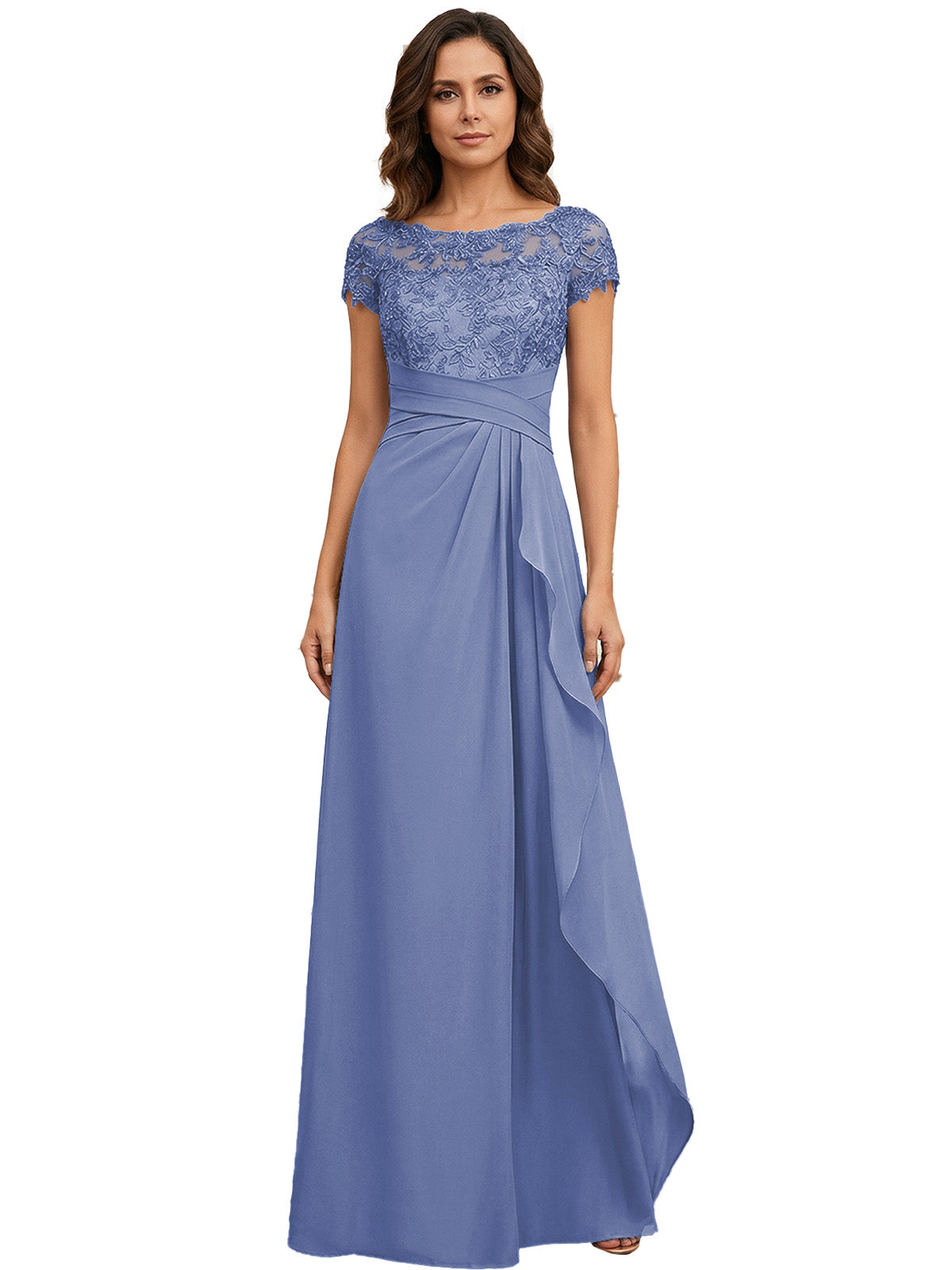 Lace Applique Chiffon A-Line Moms Dress with Cap Sleeves