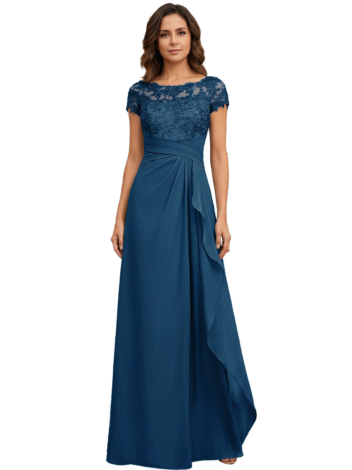 Lace Applique Chiffon A-Line Moms Dress with Cap Sleeves