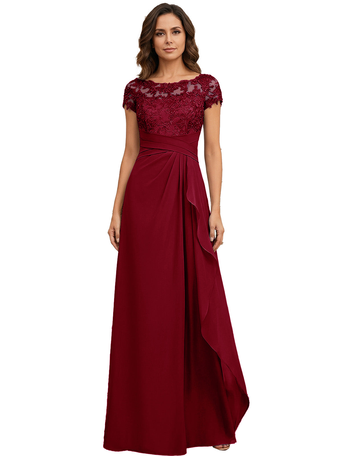 Lace Applique Chiffon A-Line Moms Dress with Cap Sleeves