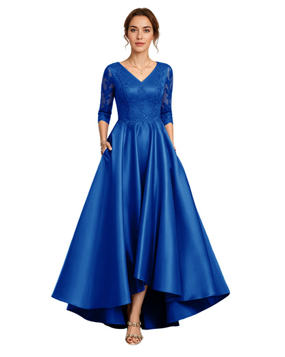 V-Neck Lace Satin A-Line Moms Dress with 3/4 Sleeves and Lace-Up Back