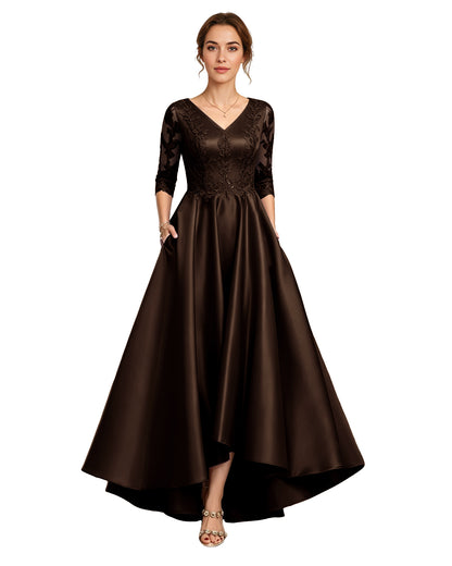 V-Neck Lace Satin A-Line Moms Dress with 3/4 Sleeves and Lace-Up Back