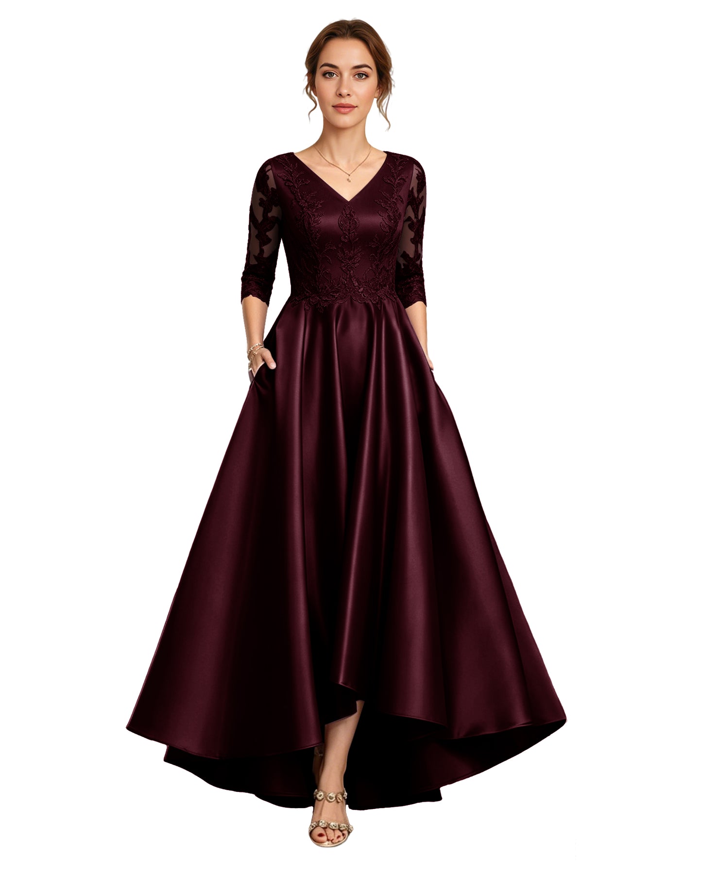 V-Neck Lace Satin A-Line Moms Dress with 3/4 Sleeves and Lace-Up Back