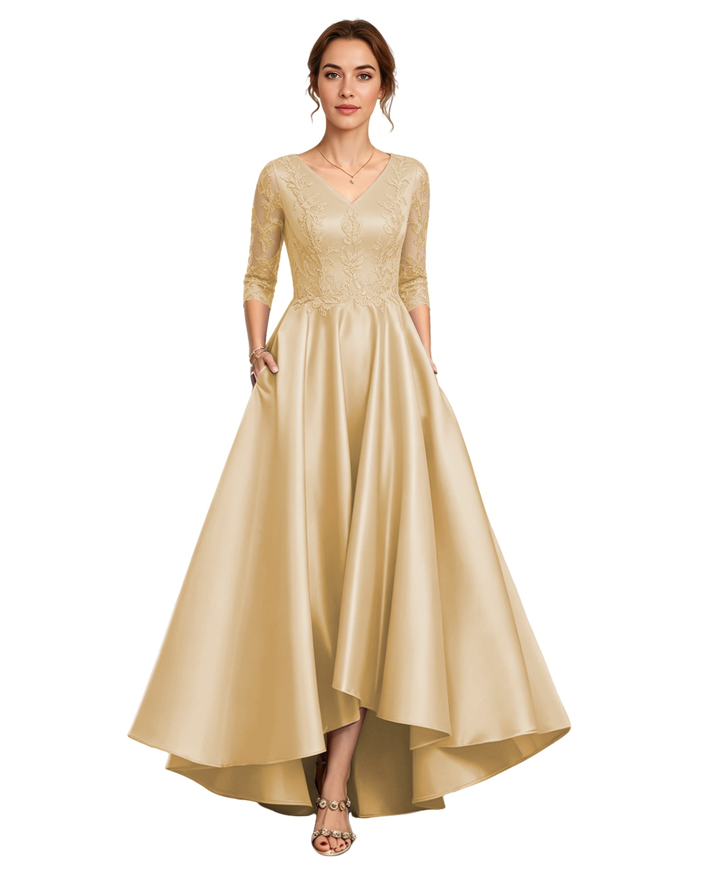 V-Neck Lace Satin A-Line Moms Dress with 3/4 Sleeves and Lace-Up Back