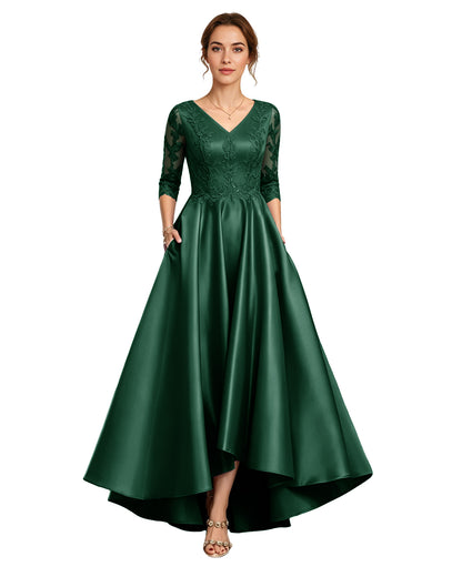 V-Neck Lace Satin A-Line Moms Dress with 3/4 Sleeves and Lace-Up Back
