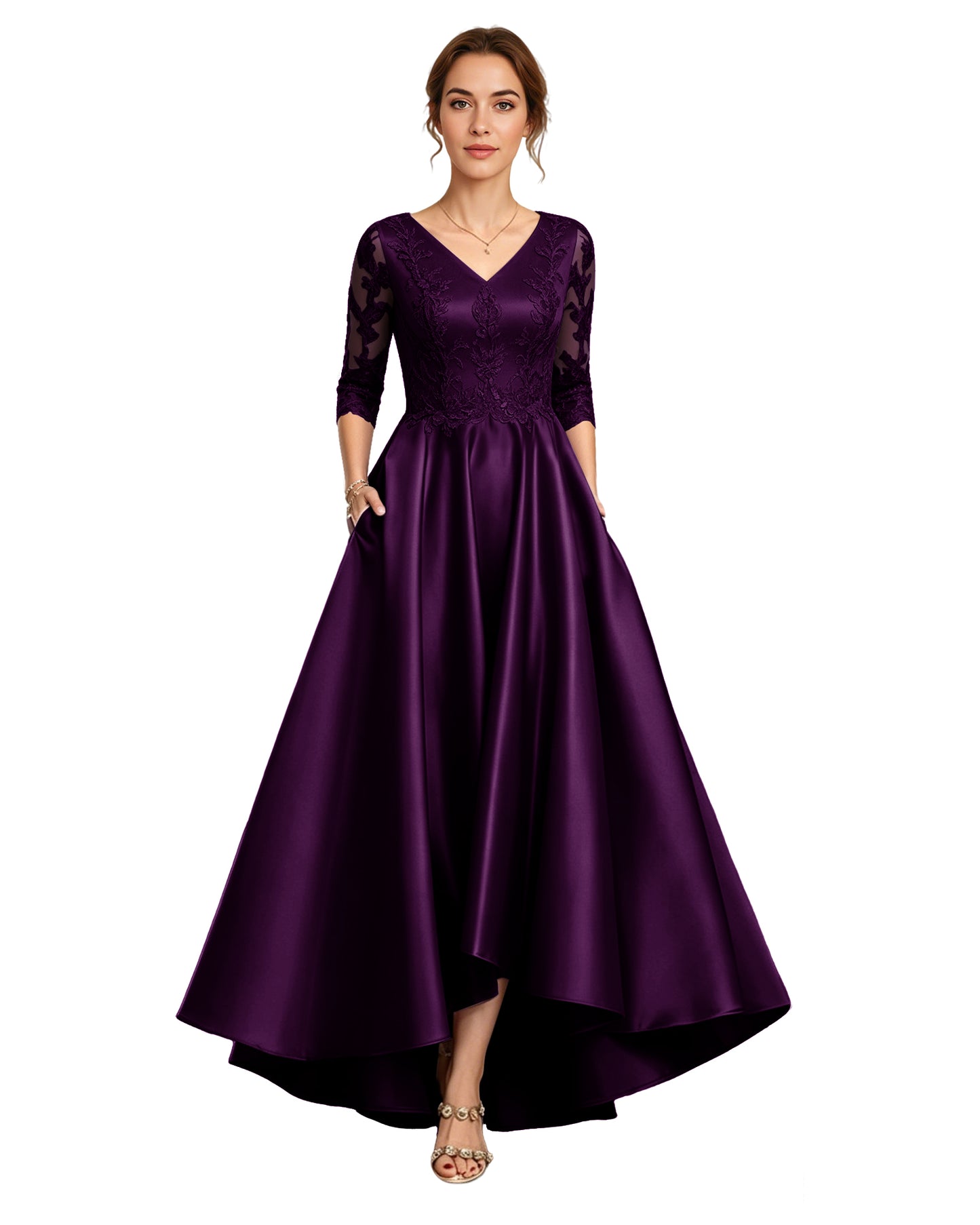 V-Neck Lace Satin A-Line Moms Dress with 3/4 Sleeves and Lace-Up Back
