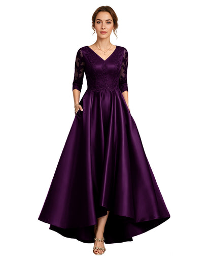 V-Neck Lace Satin A-Line Moms Dress with 3/4 Sleeves and Lace-Up Back