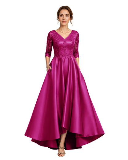V-Neck Lace Satin A-Line Moms Dress with 3/4 Sleeves and Lace-Up Back