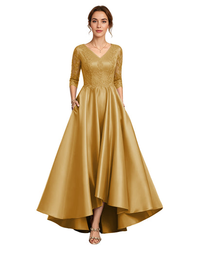 V-Neck Lace Satin A-Line Moms Dress with 3/4 Sleeves and Lace-Up Back