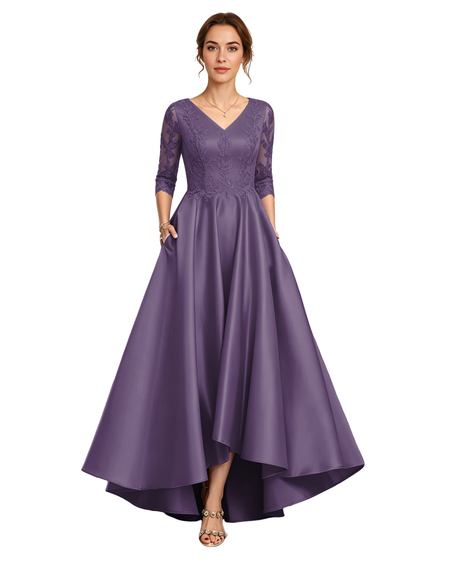 V-Neck Lace Satin A-Line Moms Dress with 3/4 Sleeves and Lace-Up Back