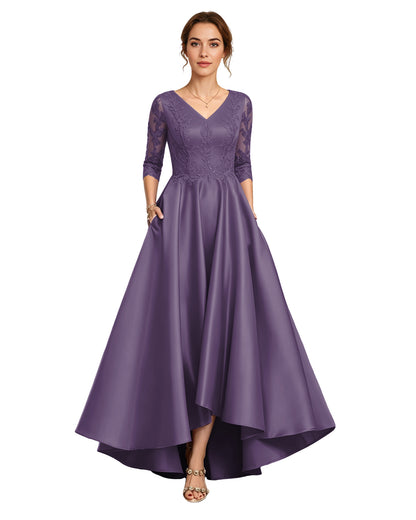 V-Neck Lace Satin A-Line Moms Dress with 3/4 Sleeves and Lace-Up Back