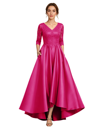 V-Neck Lace Satin A-Line Moms Dress with 3/4 Sleeves and Lace-Up Back