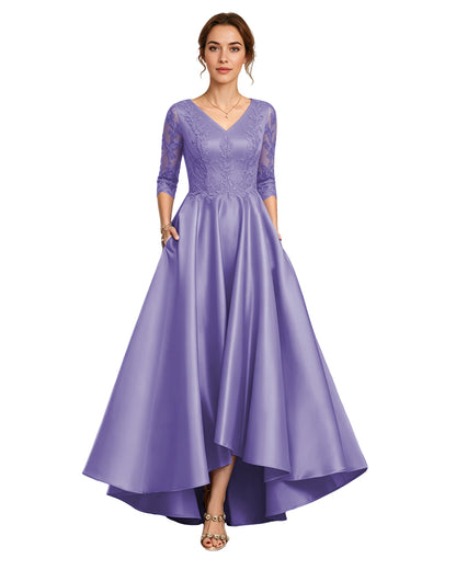 V-Neck Lace Satin A-Line Moms Dress with 3/4 Sleeves and Lace-Up Back