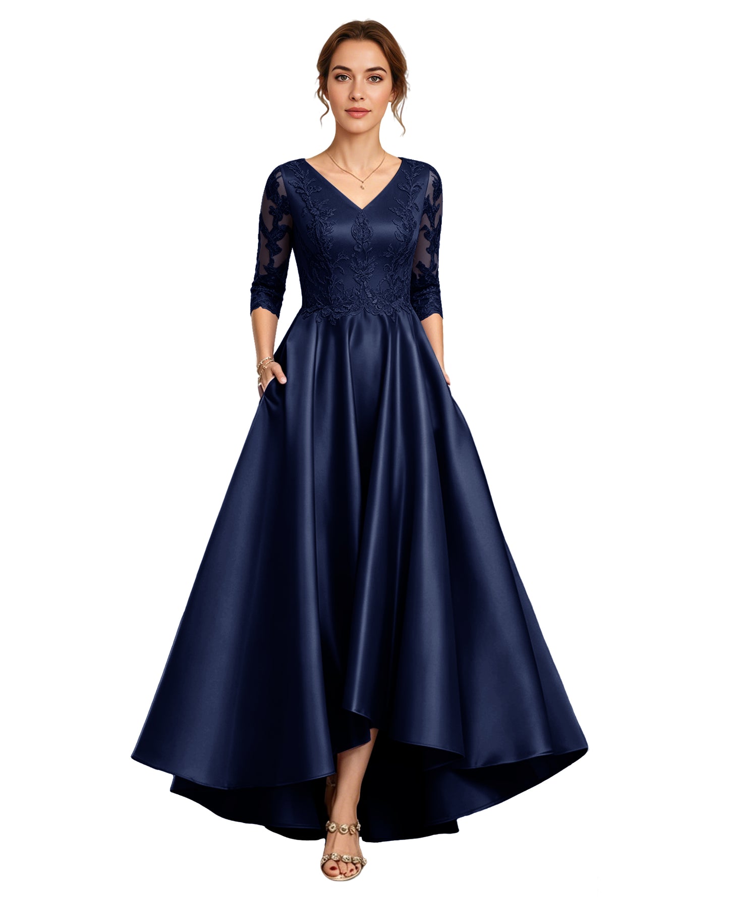 V-Neck Lace Satin A-Line Moms Dress with 3/4 Sleeves and Lace-Up Back
