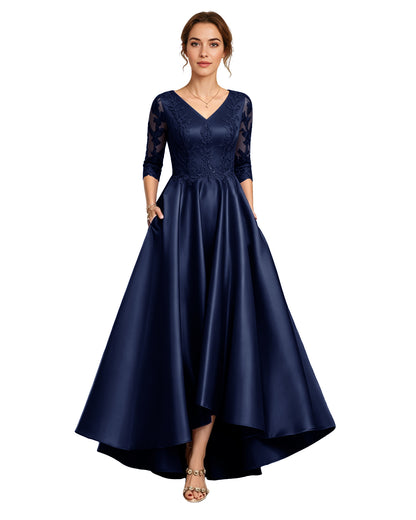 V-Neck Lace Satin A-Line Moms Dress with 3/4 Sleeves and Lace-Up Back