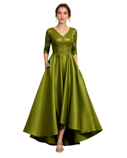 V-Neck Lace Satin A-Line Moms Dress with 3/4 Sleeves and Lace-Up Back