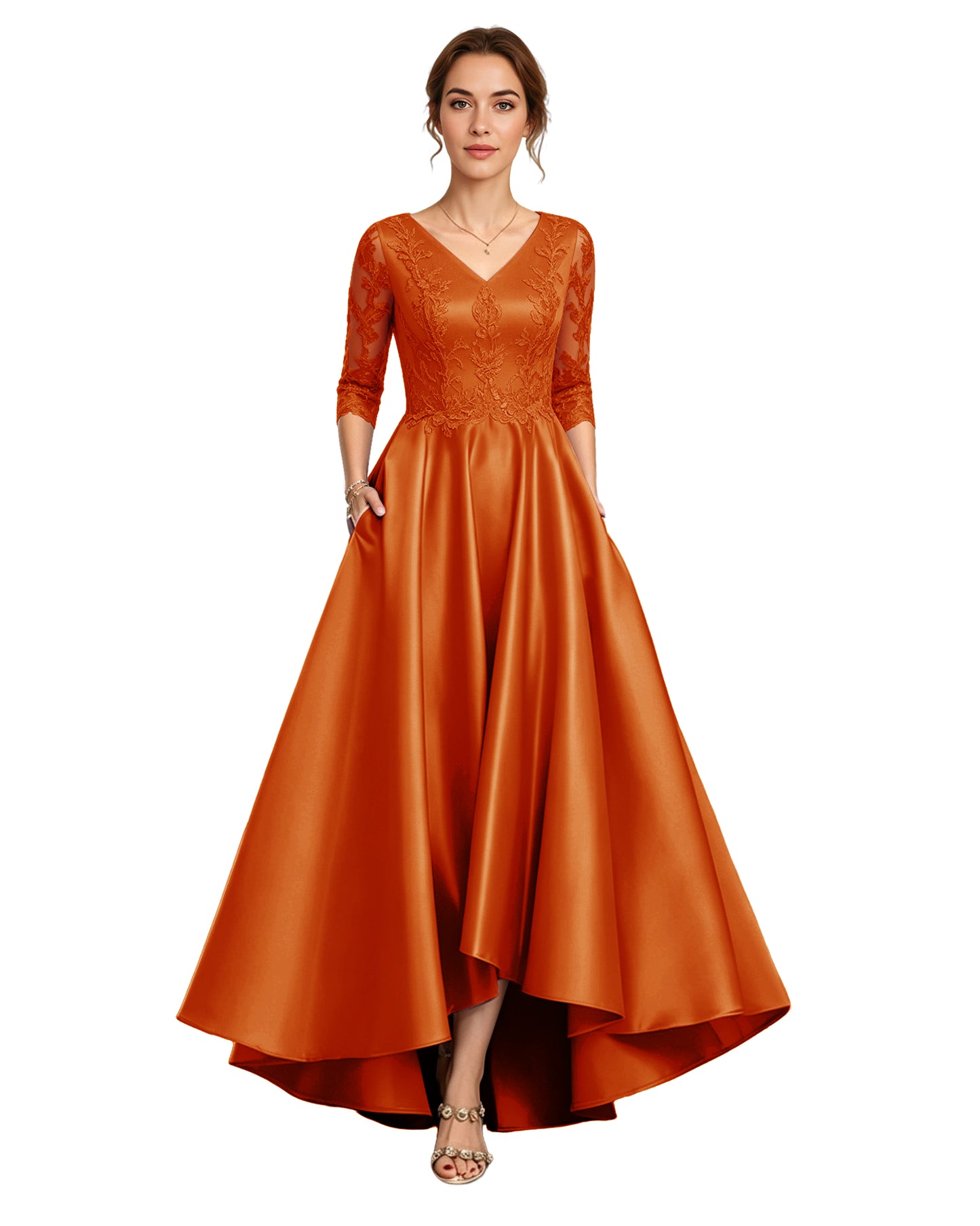 V-Neck Lace Satin A-Line Moms Dress with 3/4 Sleeves and Lace-Up Back