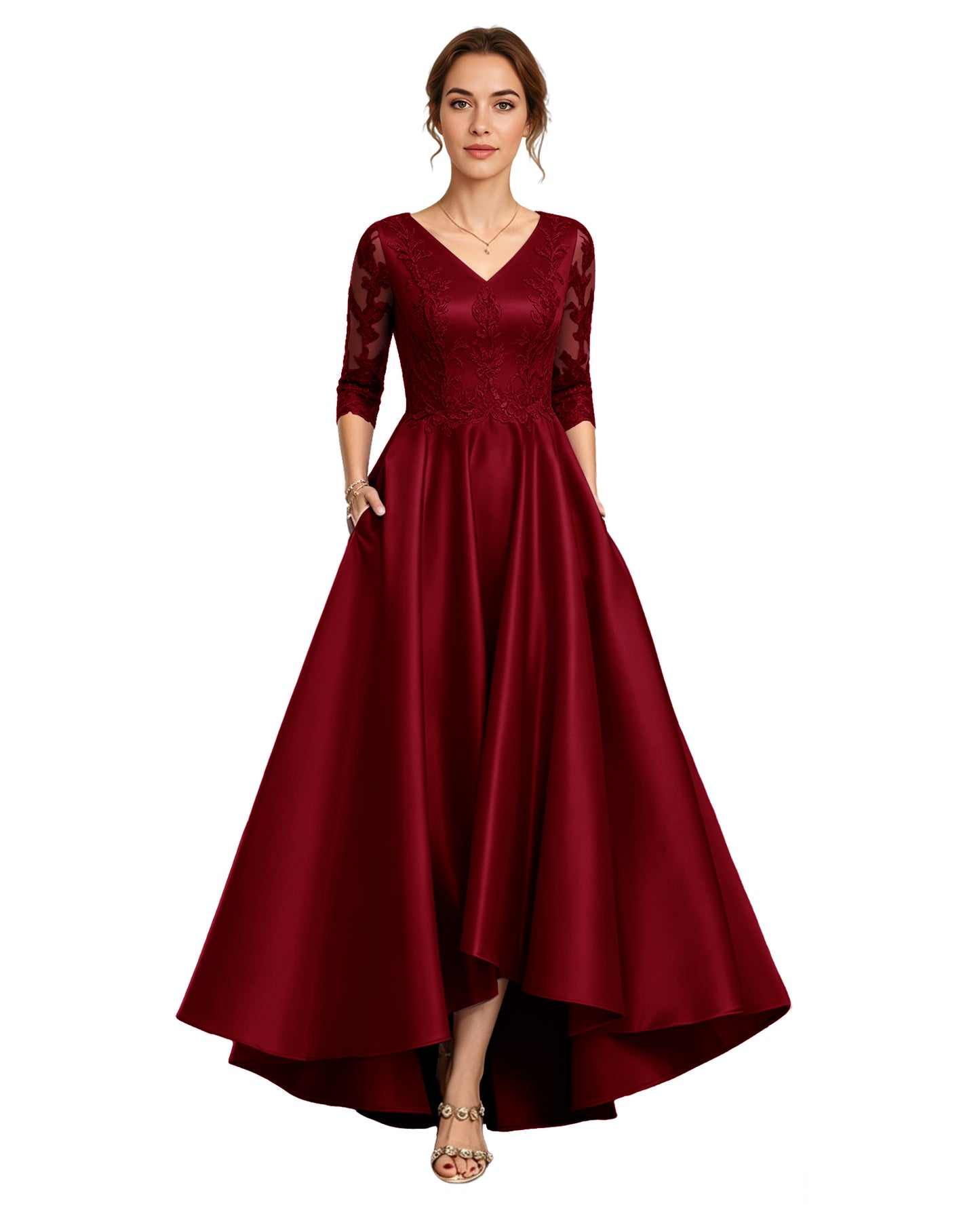 V-Neck Lace Satin A-Line Moms Dress with 3/4 Sleeves and Lace-Up Back