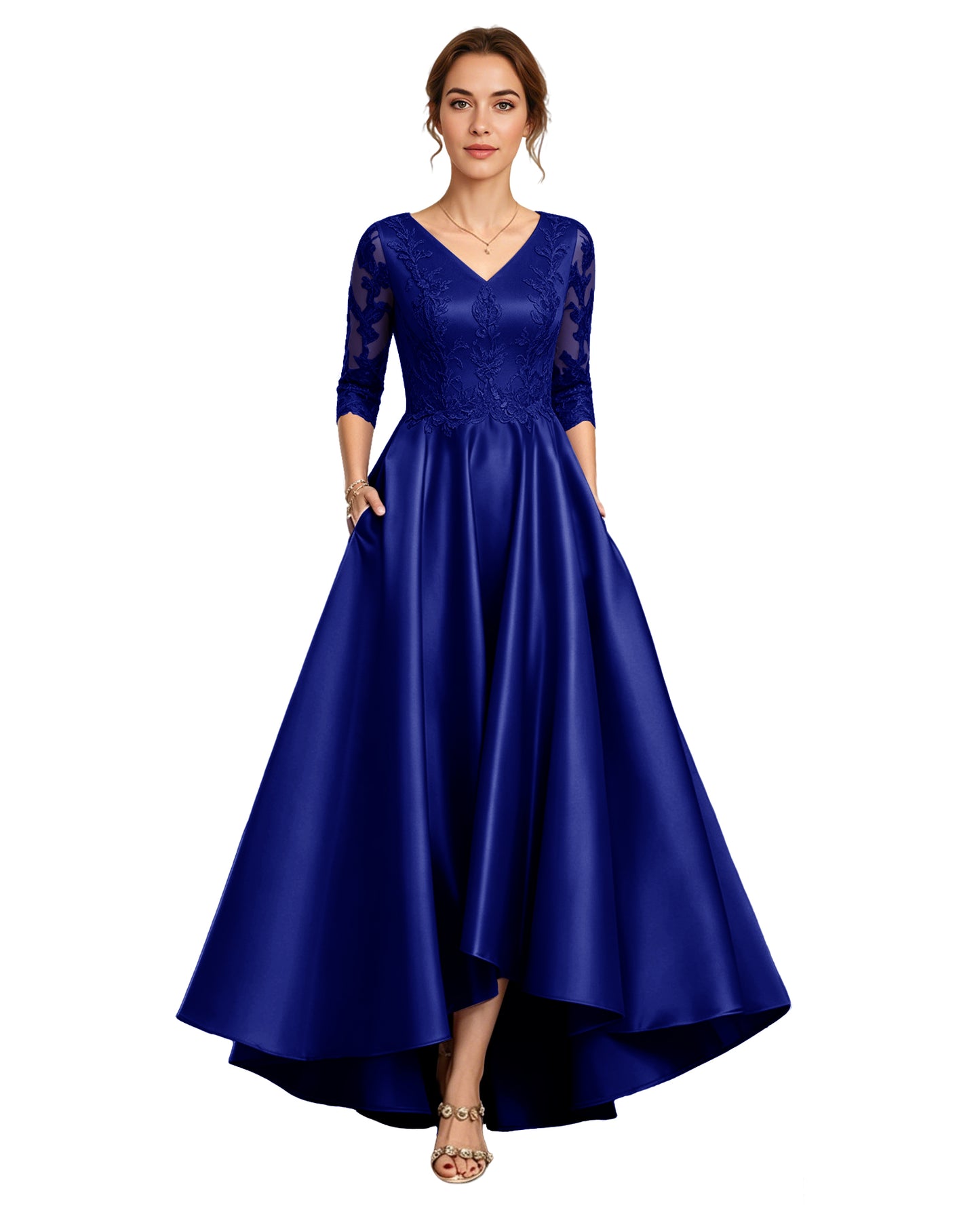 V-Neck Lace Satin A-Line Moms Dress with 3/4 Sleeves and Lace-Up Back