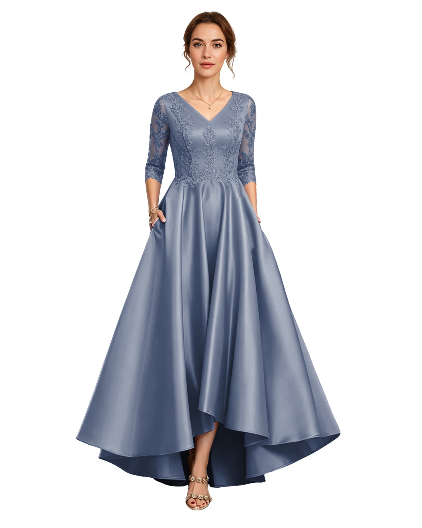 V-Neck Lace Satin A-Line Moms Dress with 3/4 Sleeves and Lace-Up Back