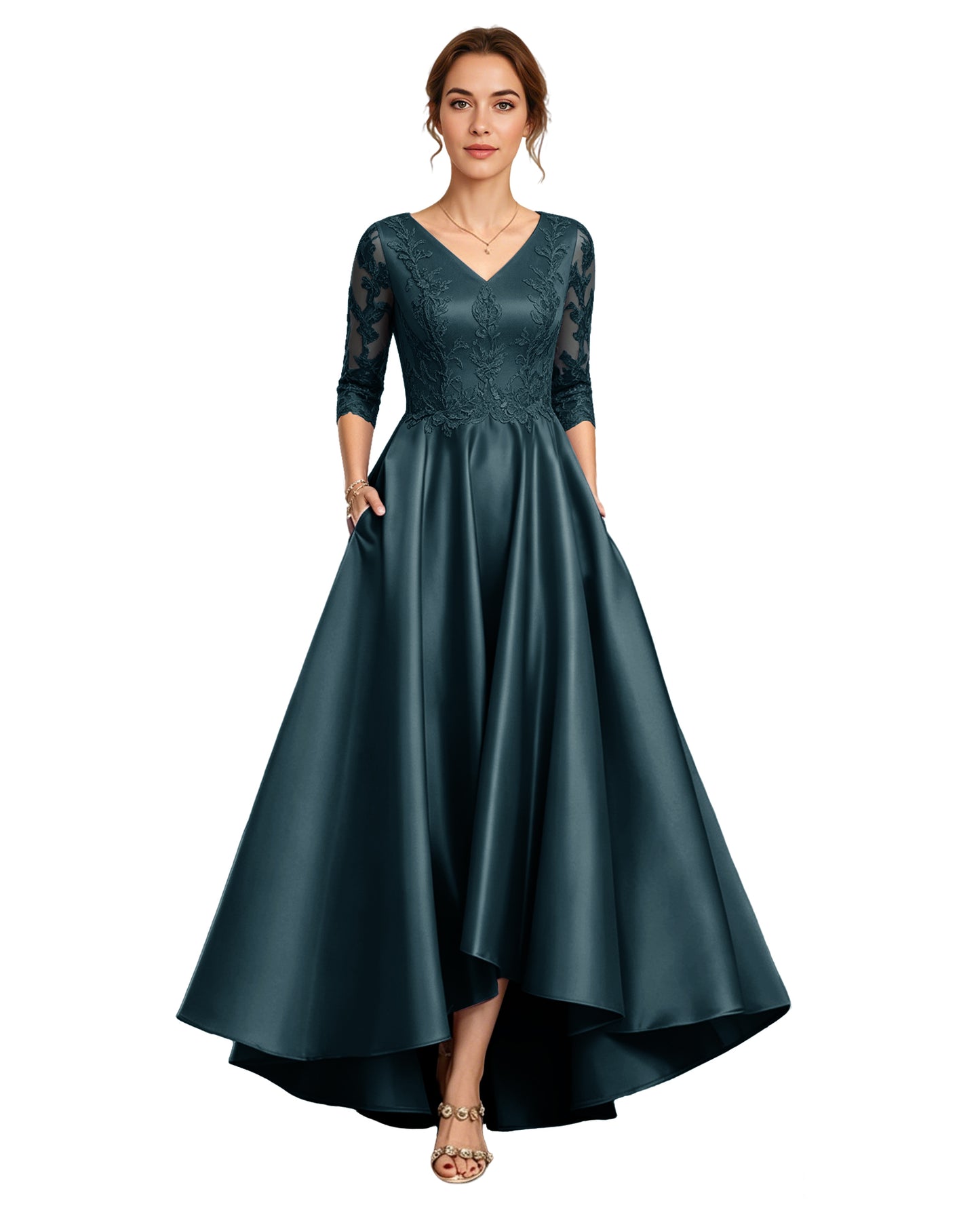 V-Neck Lace Satin A-Line Moms Dress with 3/4 Sleeves and Lace-Up Back