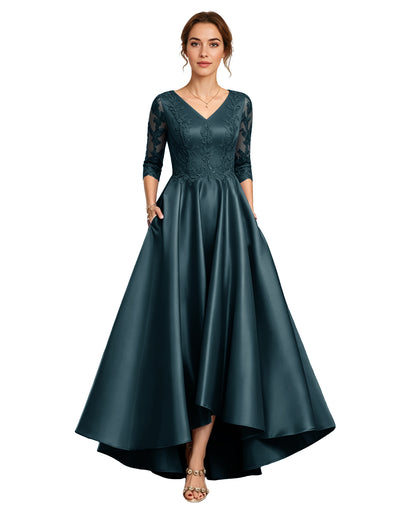 V-Neck Lace Satin A-Line Moms Dress with 3/4 Sleeves and Lace-Up Back