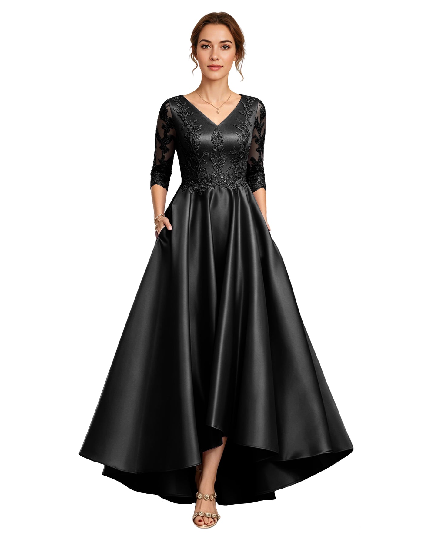 V-Neck Lace Satin A-Line Moms Dress with 3/4 Sleeves and Lace-Up Back