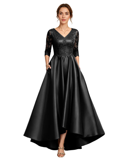 V-Neck Lace Satin A-Line Moms Dress with 3/4 Sleeves and Lace-Up Back
