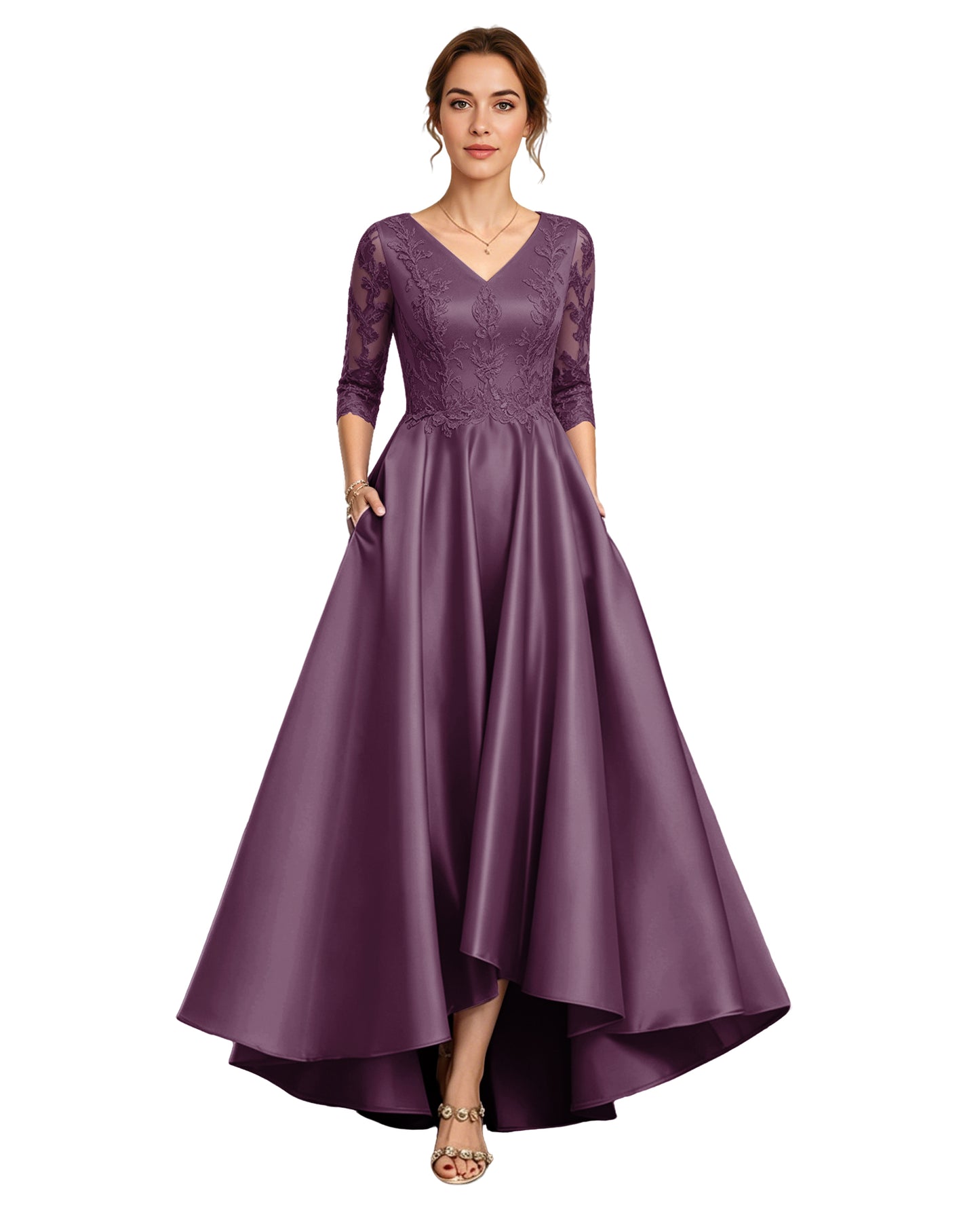 V-Neck Lace Satin A-Line Moms Dress with 3/4 Sleeves and Lace-Up Back