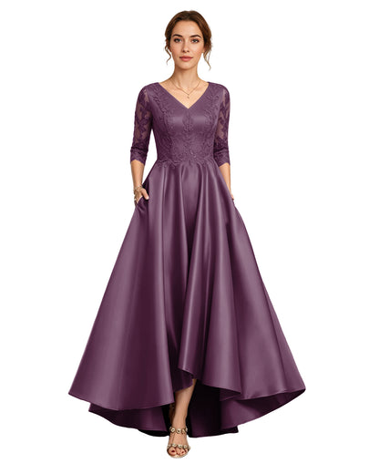 V-Neck Lace Satin A-Line Moms Dress with 3/4 Sleeves and Lace-Up Back