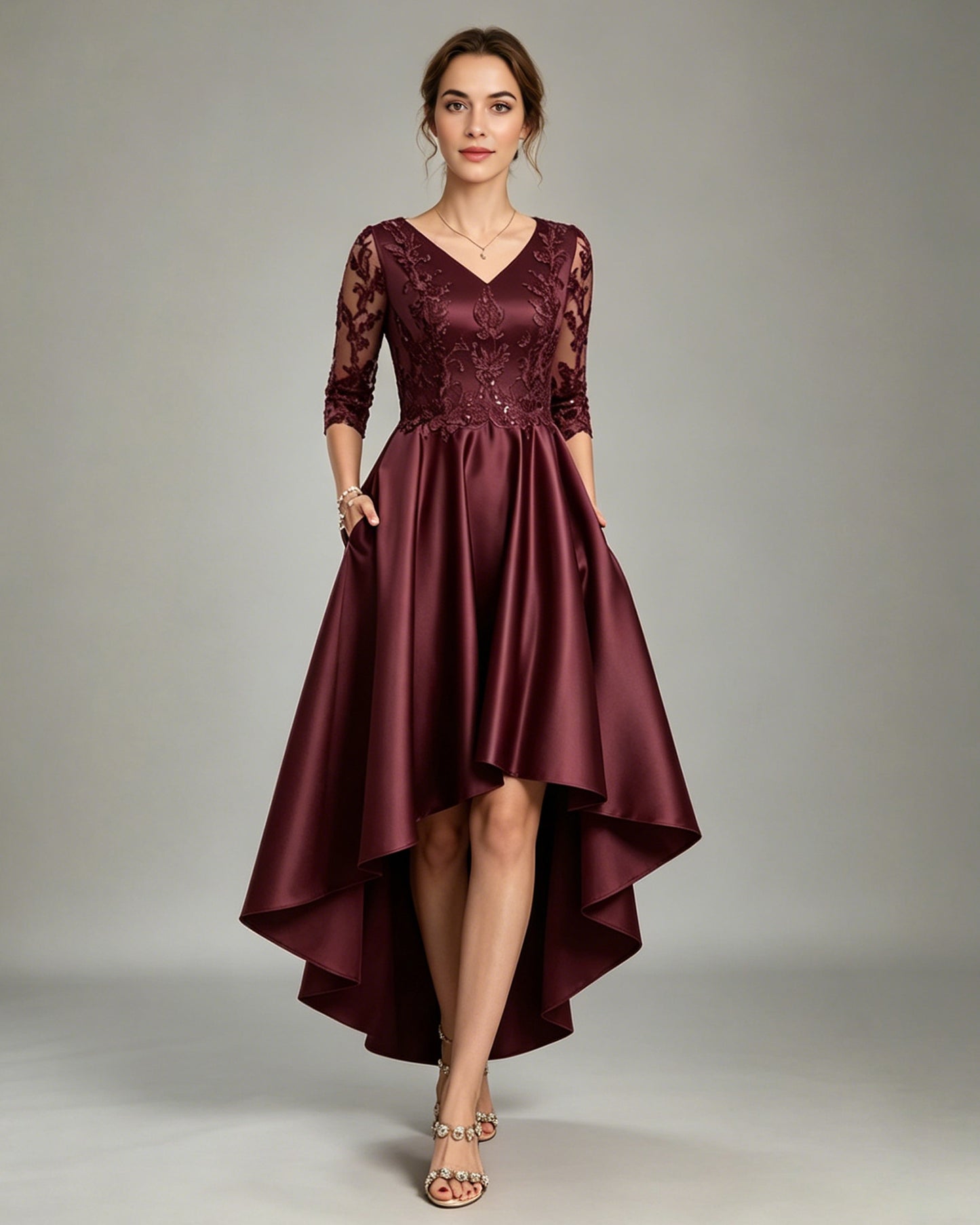 v neck lace applique moms dress