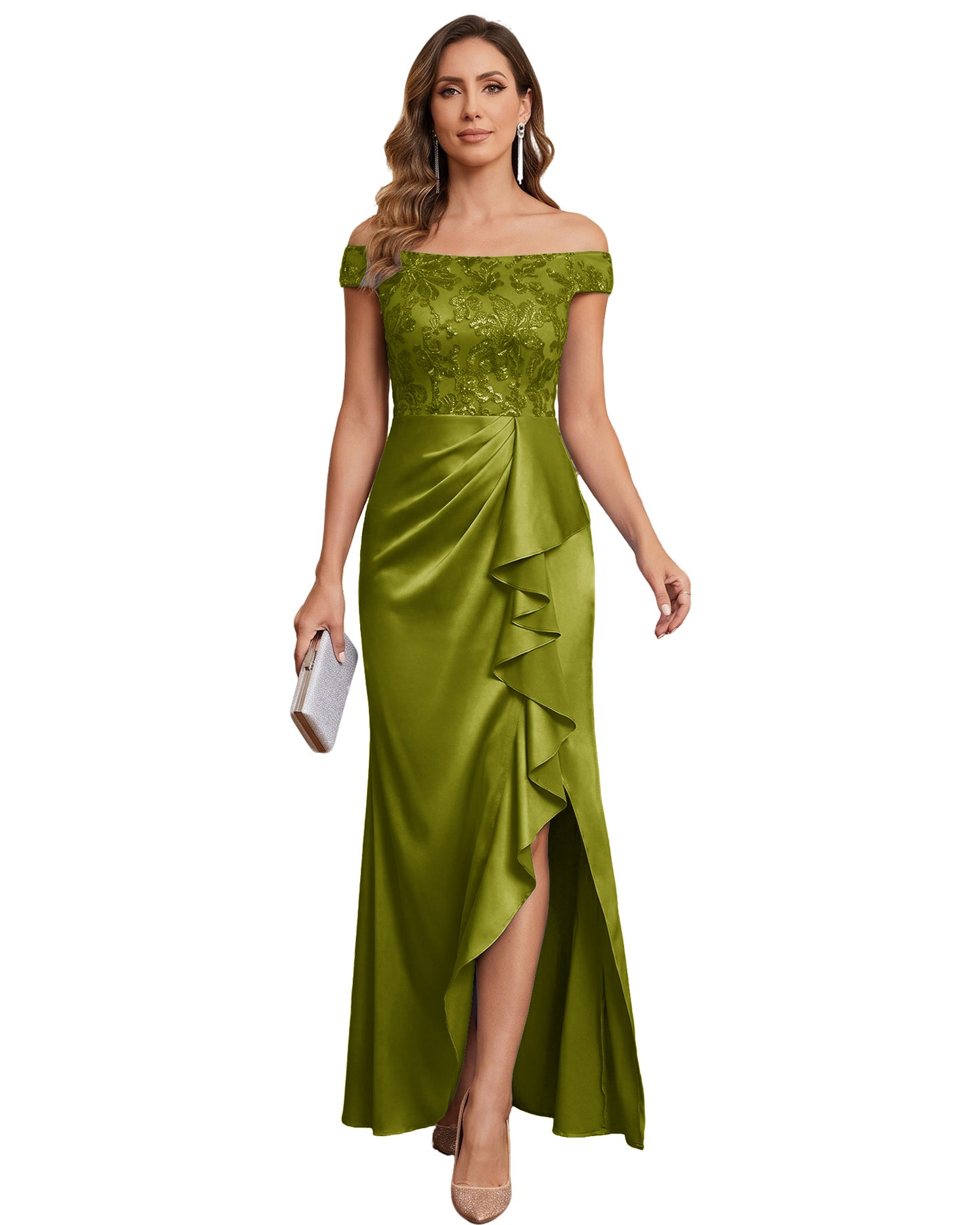 Off The Shoulder Lace Satin Bridesmaid Dress Ruched Slit Lace-Up Back Moms Dress